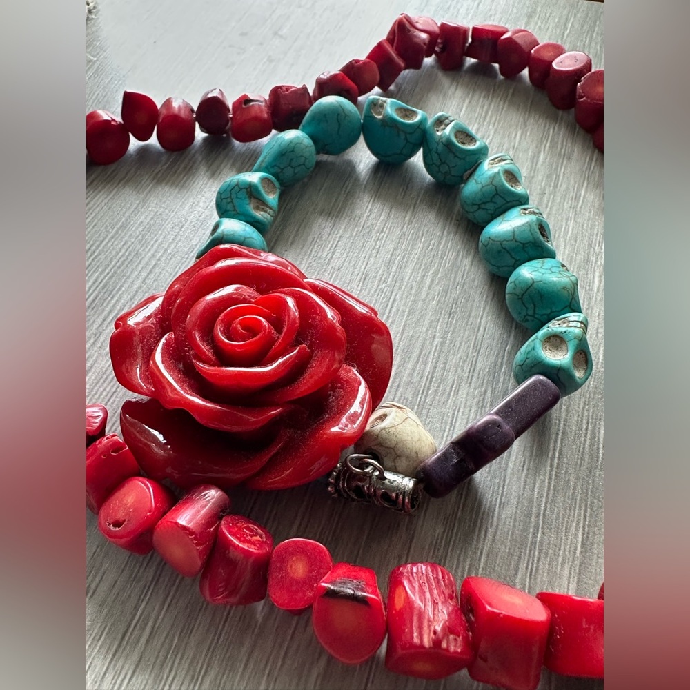 Red Bamboo Coral Necklace & Turquoise Skull, Amethyst Cross, & Red Rose Bracelet